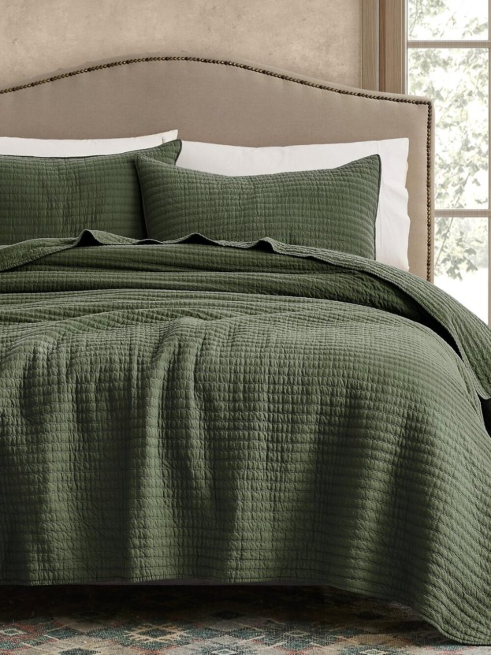 100% Cotton Queen Size Quilt Set, Channel Pick Stitch, Olive Green